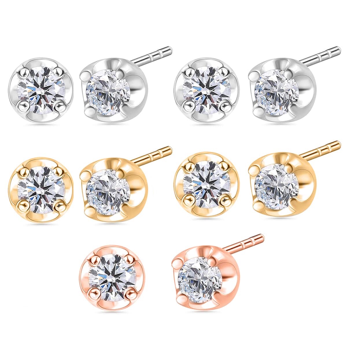 Luxuriant Lab Grown Diamond I2 1.00 ctw Set of 5 Solitaire Stud Earrings in 18K Vermeil Yellow Rose Gold and Platinum Over Sterling Silver image number 0