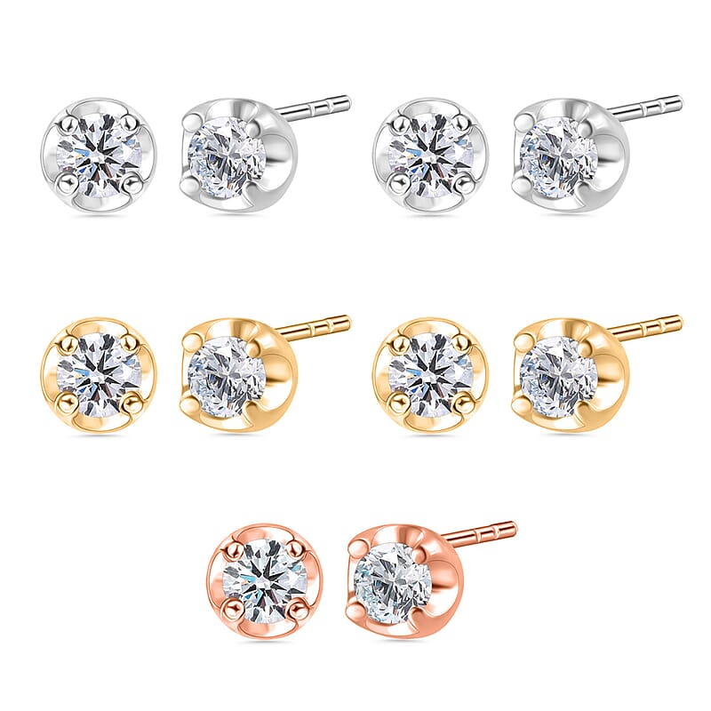 D'Joy Lab Grown Diamond I2 1.00 ctw Set of 5 Solitaire Stud Earrings in 18K Vermeil Yellow Rose Gold and Platinum Over Sterling Silver