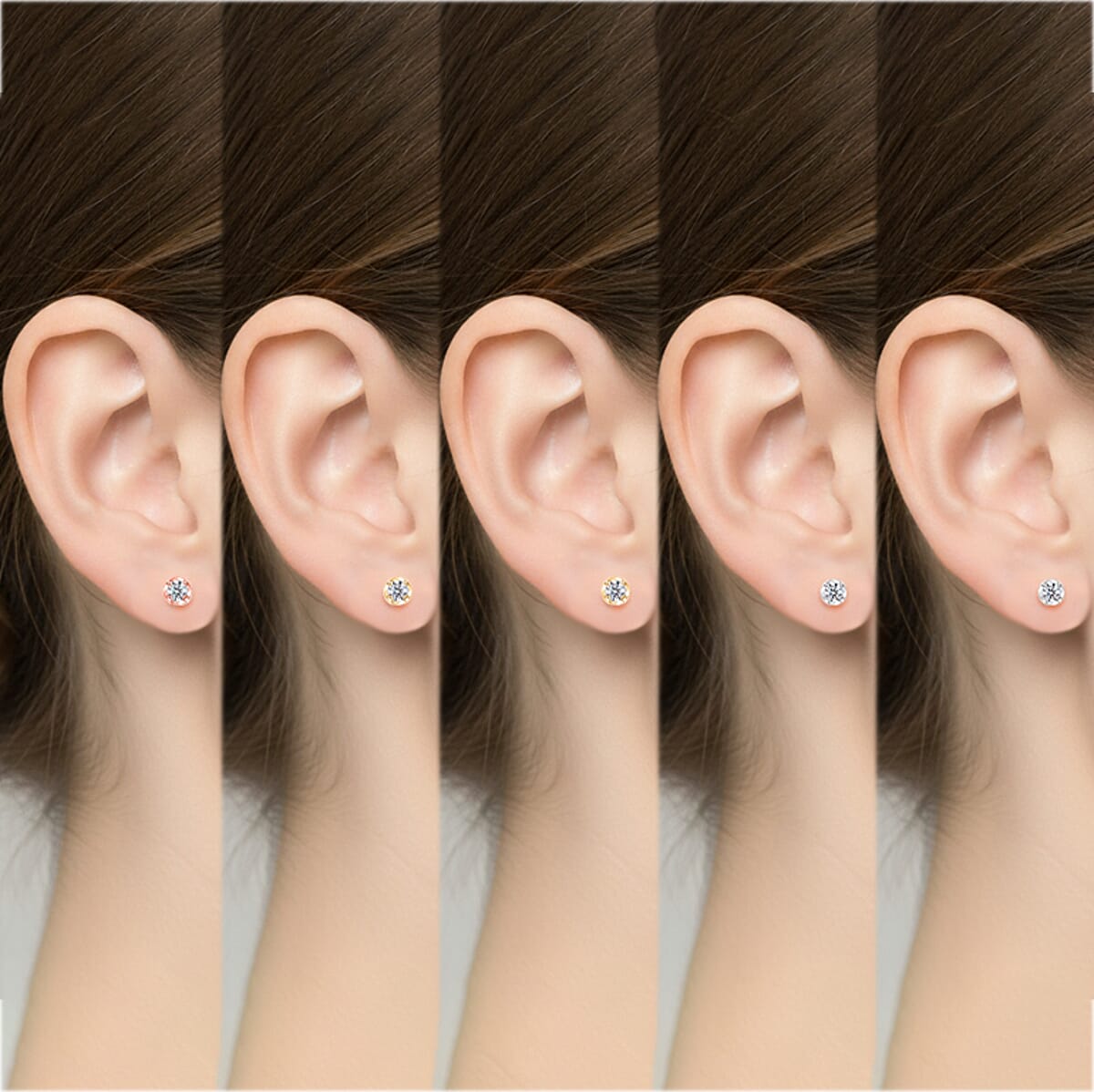 D'Joy Lab Grown Diamond I2 1.00 ctw Set of 5 Solitaire Stud Earrings in 18K Vermeil Yellow Rose Gold and Platinum Over Sterling Silver image number 2