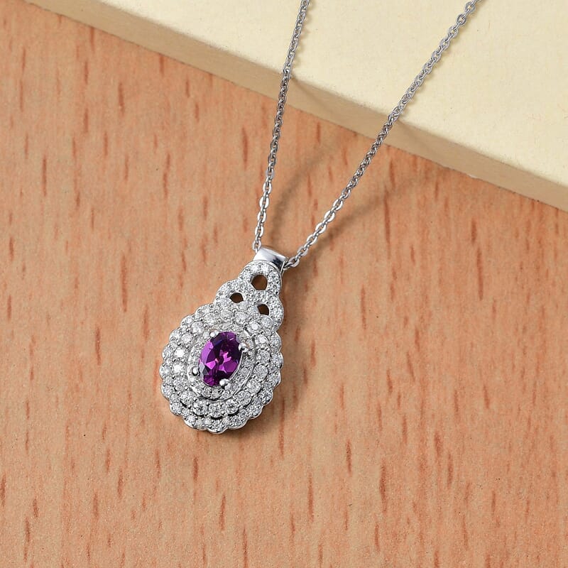 AAA Radiant Ember Garnet and Mossianite 1.15 ctw Cherry Blossom Pendant Necklace in Rhodium Over Sterling Silver 20 Inches