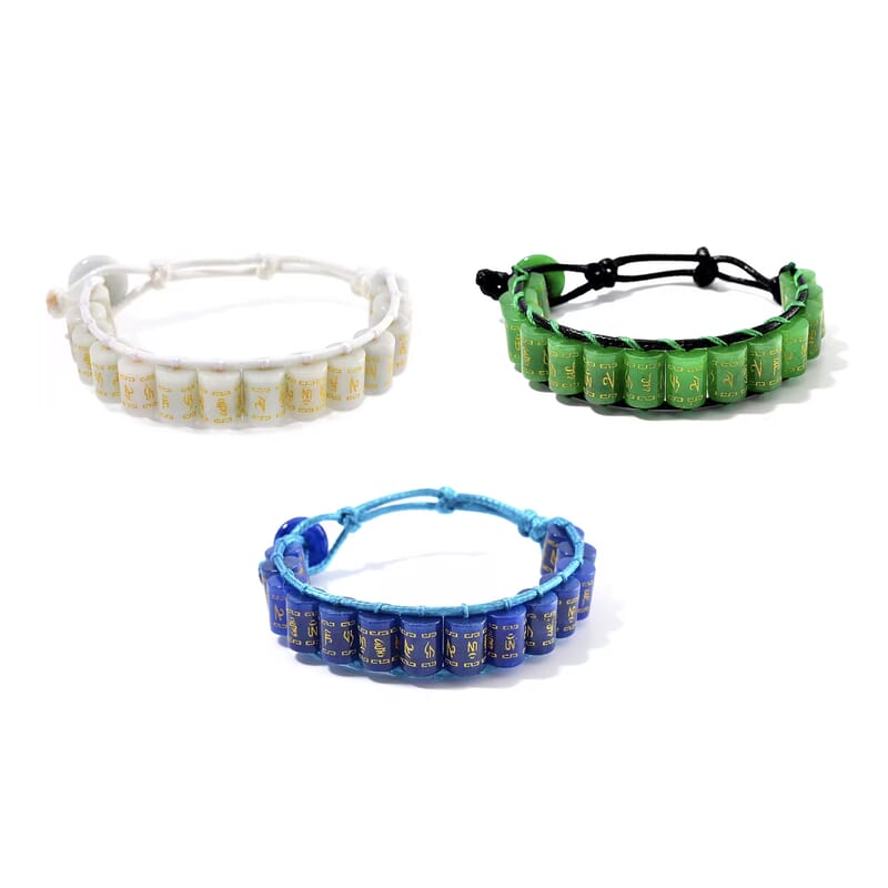Set of 3 Natural Jade, Blue and Green Jade (D) 645.00 ctw Fengshui Prayer Wheel Cord Bracelet (6.0-9.0In)