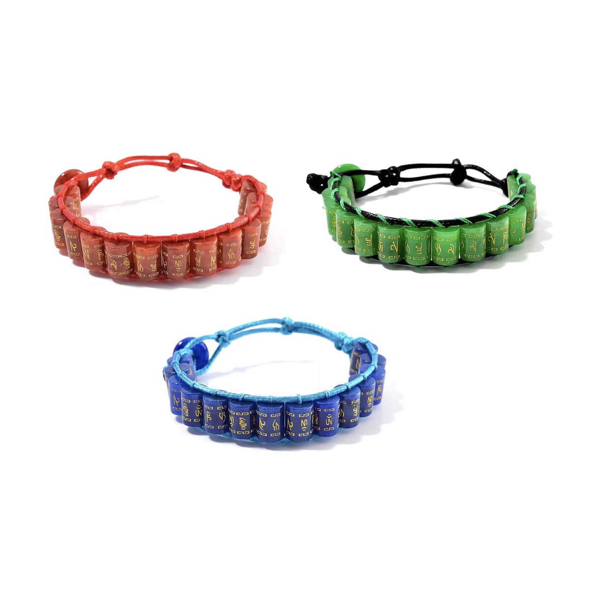 Set of 3 Green, Blue and Red Jade (D) 645.00 ctw Fengshui Prayer Wheel Cord Bracelet (6.0-9.0In) image number 0