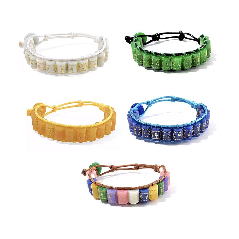 Set of 5 Multi Color Jade (D) and Natural Jade 1075.00 ctw Fengshui Prayer Wheel Cord Bracelet (6.0-9.0In)