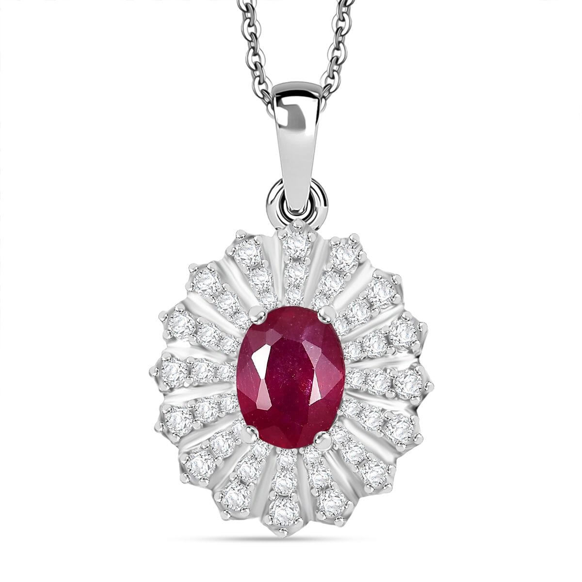 D'Joy Niassa Ruby(FF) and White Zircon 3.00 ctw Crimson Starburst Pendant Necklace in Rhodium Over Sterling Silver 20 Inches image number 0