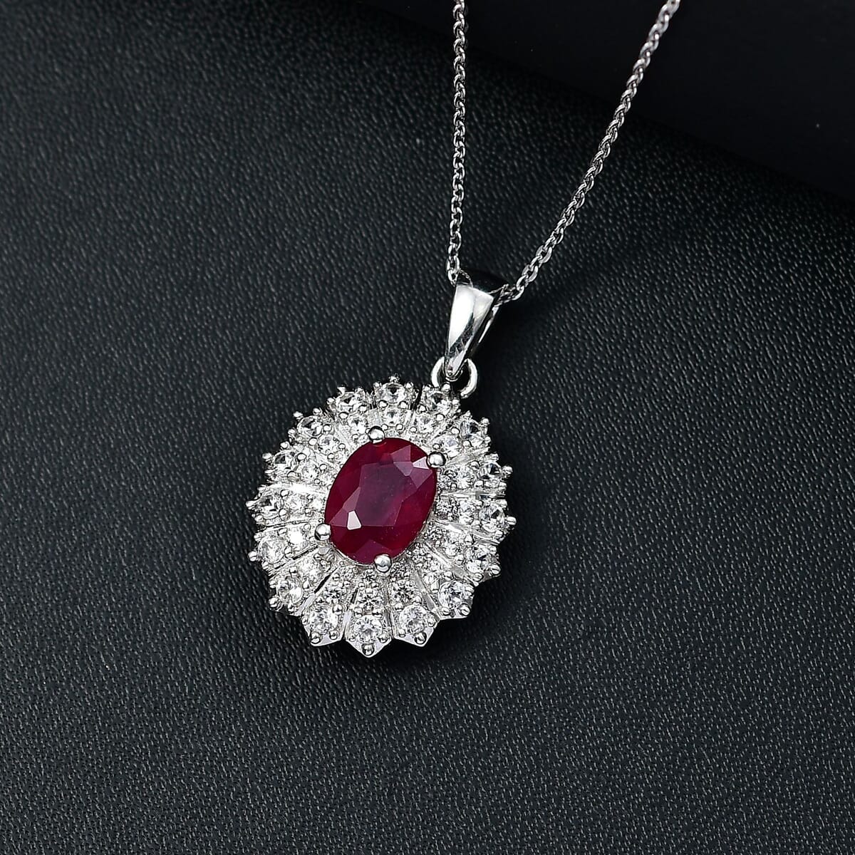 D'Joy Niassa Ruby(FF) and White Zircon 3.00 ctw Crimson Starburst Pendant Necklace in Rhodium Over Sterling Silver 20 Inches image number 1