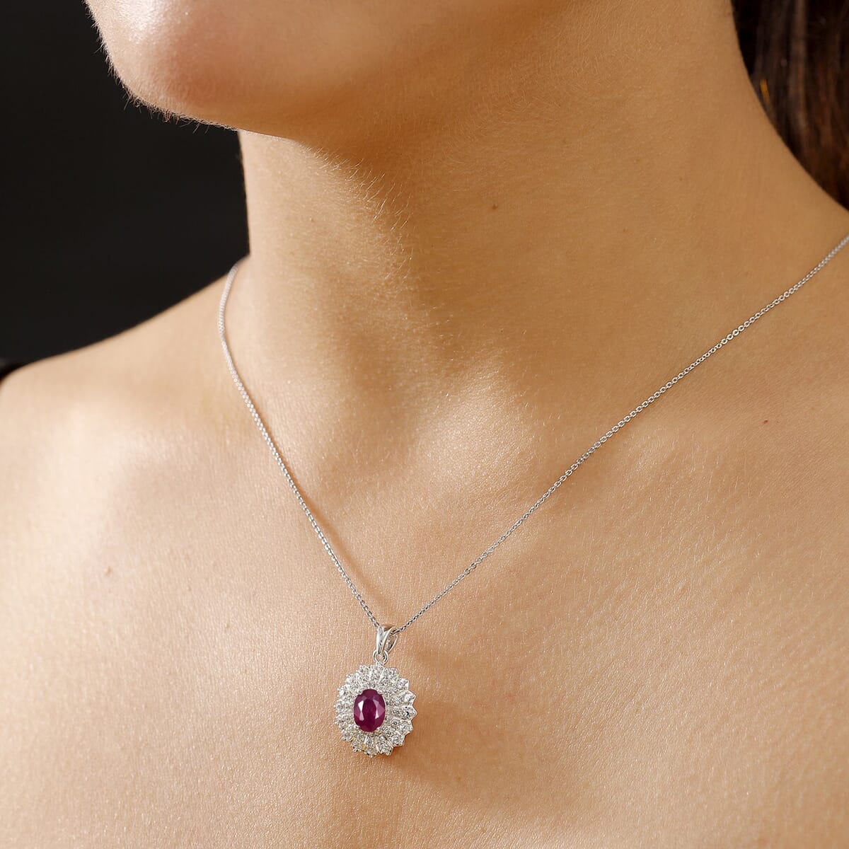 D'Joy Niassa Ruby(FF) and White Zircon 3.00 ctw Crimson Starburst Pendant Necklace in Rhodium Over Sterling Silver 20 Inches image number 2