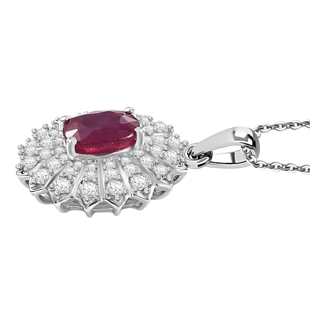 D'Joy Niassa Ruby(FF) and White Zircon 3.00 ctw Crimson Starburst Pendant Necklace in Rhodium Over Sterling Silver 20 Inches image number 3