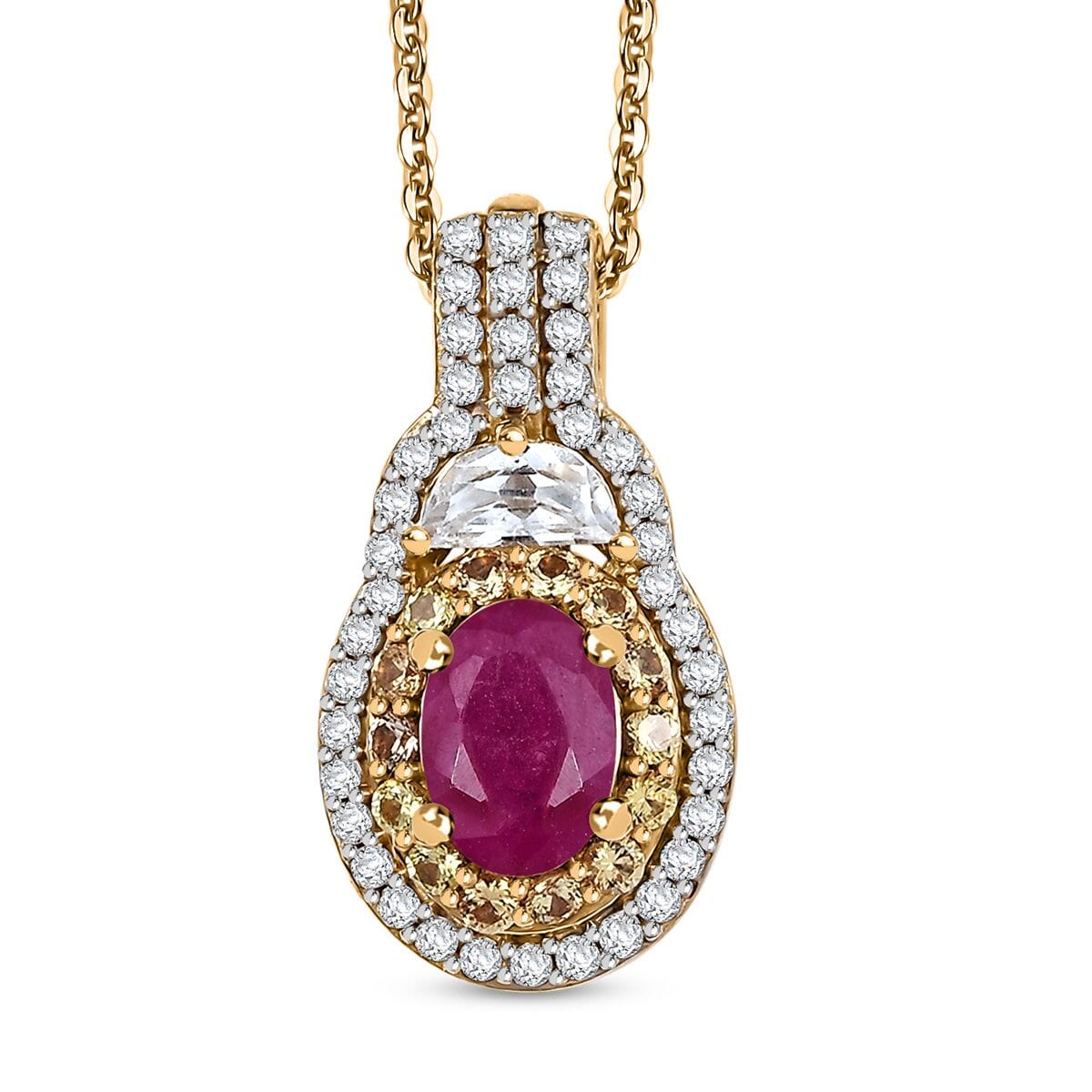 Premium Royal Ruby and Multi Gemstone 2.10 ctw Art Deco Pendant Necklace in 18K Vermeil Yellow Gold Over Sterling Silver 20 Inches image number 0