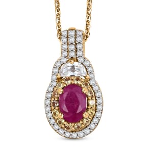 Premium Royal Ruby and Multi Gemstone 2.10 ctw Art Deco Pendant Necklace in 18K Vermeil Yellow Gold Over Sterling Silver 20 Inches