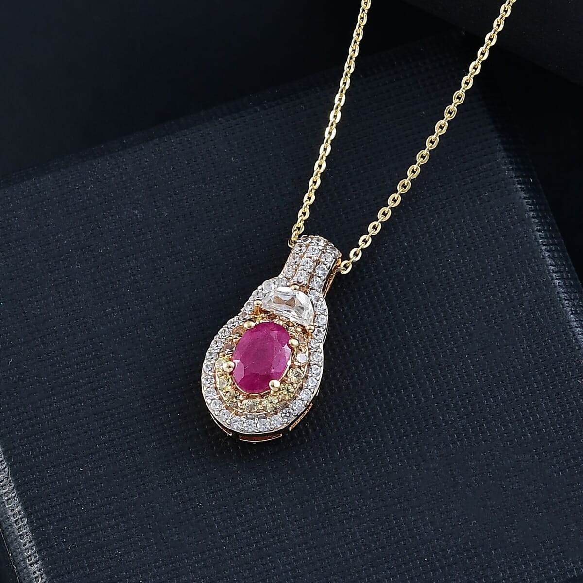 Premium Royal Ruby and Multi Gemstone 2.10 ctw Art Deco Pendant Necklace in 18K Vermeil Yellow Gold Over Sterling Silver 20 Inches image number 1