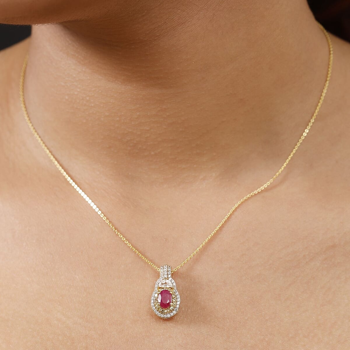 Premium Royal Ruby and Multi Gemstone 2.10 ctw Art Deco Pendant Necklace in 18K Vermeil Yellow Gold Over Sterling Silver 20 Inches image number 2