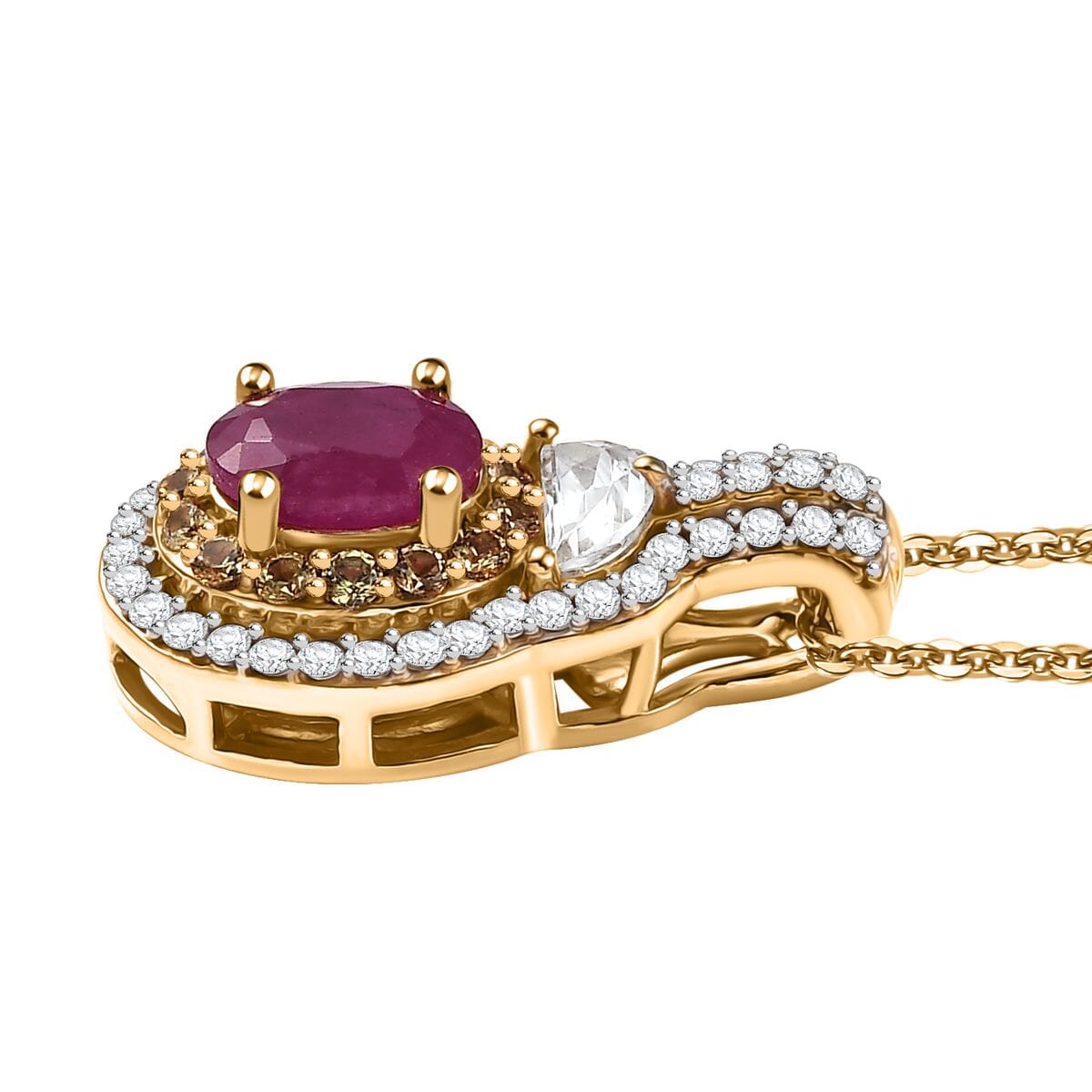 Premium Royal Ruby and Multi Gemstone 2.10 ctw Art Deco Pendant Necklace in 18K Vermeil Yellow Gold Over Sterling Silver 20 Inches image number 3