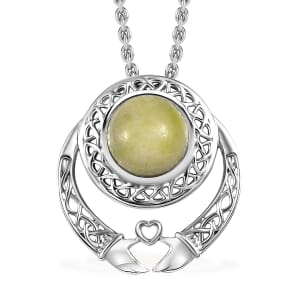 Connemara Marble 4.20 ctw Heart of Claddagh Pendant in Rhodium Over Sterling Silver with Stainless Steel Necklace 20 Inches