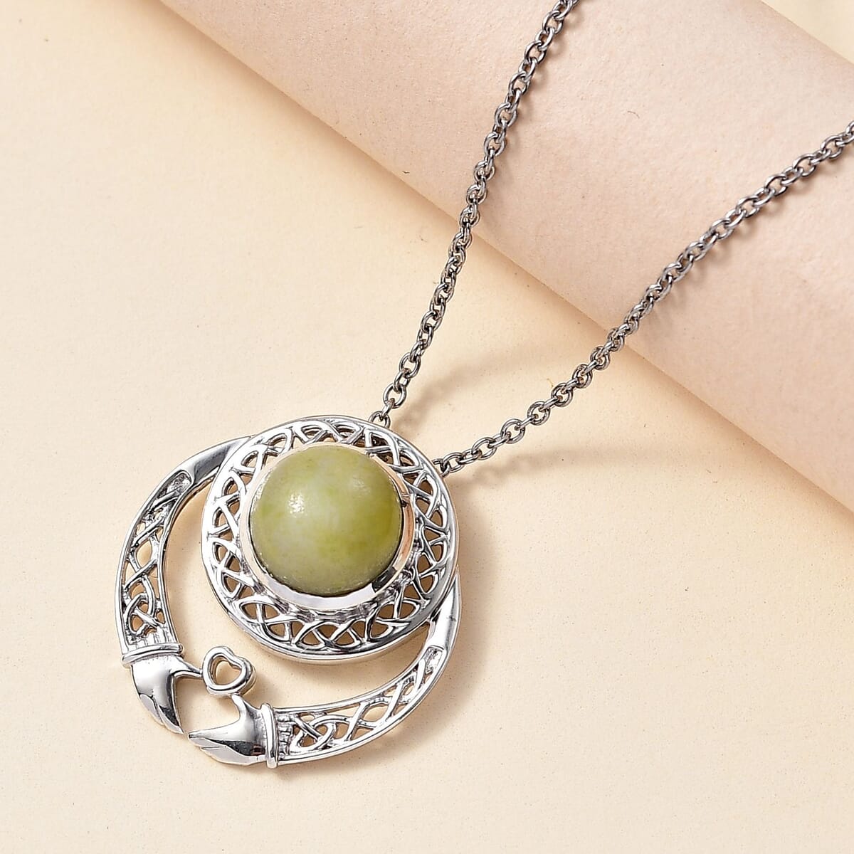 Connemara Marble 4.20 ctw Heart of Claddagh Pendant in Rhodium Over Sterling Silver with Stainless Steel Necklace 20 Inches image number 1