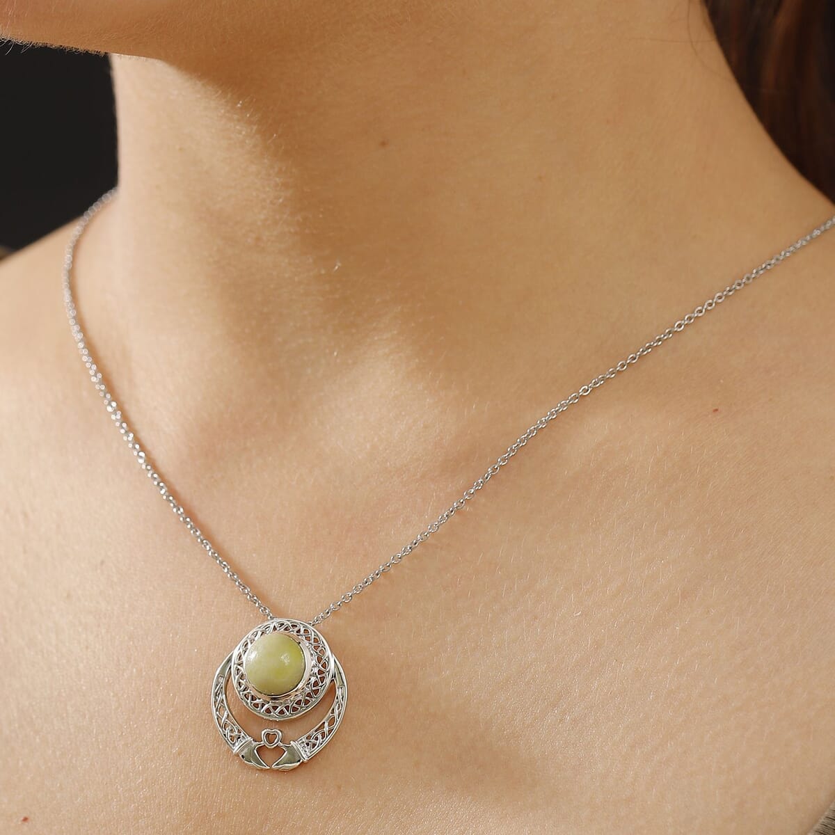 Connemara Marble 4.20 ctw Heart of Claddagh Pendant in Rhodium Over Sterling Silver with Stainless Steel Necklace 20 Inches image number 2