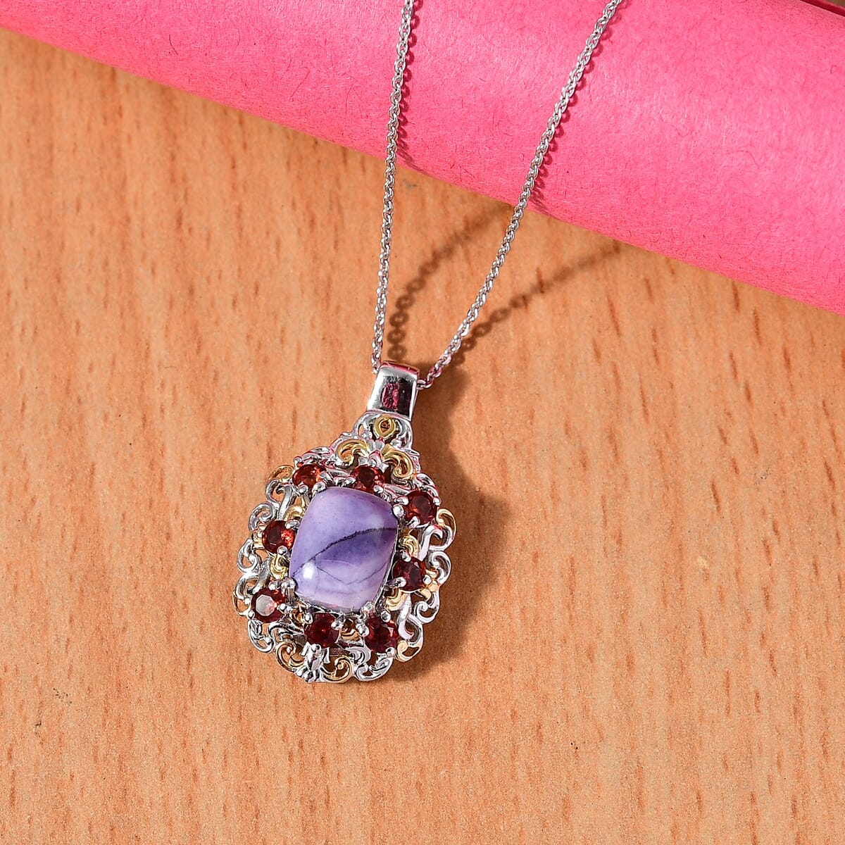 Utah Tiffany Stone and Mozambique Garnet 3.85 ctw Royal Amour Pendant Necklace in 14K YG and Platinum Over Sterling Silver 20 Inches image number 1