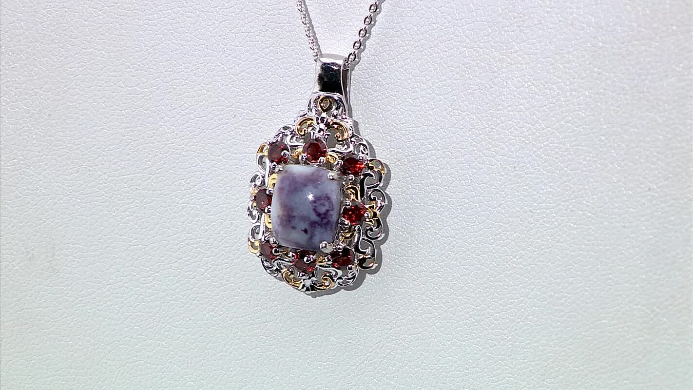 Utah Tiffany Stone and Mozambique Garnet 3.85 ctw Royal Amour Pendant Necklace in 14K YG and Platinum Over Sterling Silver 20 Inches