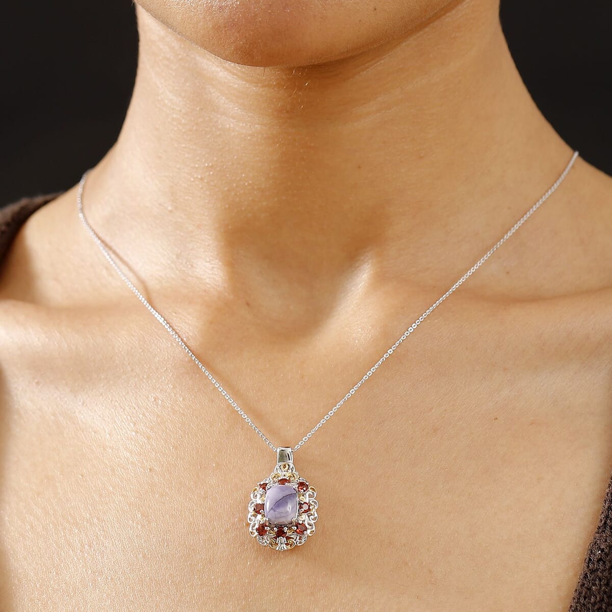 Utah Tiffany Stone and Mozambique Garnet 3.85 ctw Royal Amour Pendant Necklace in 14K YG and Platinum Over Sterling Silver 20 Inches image number 2