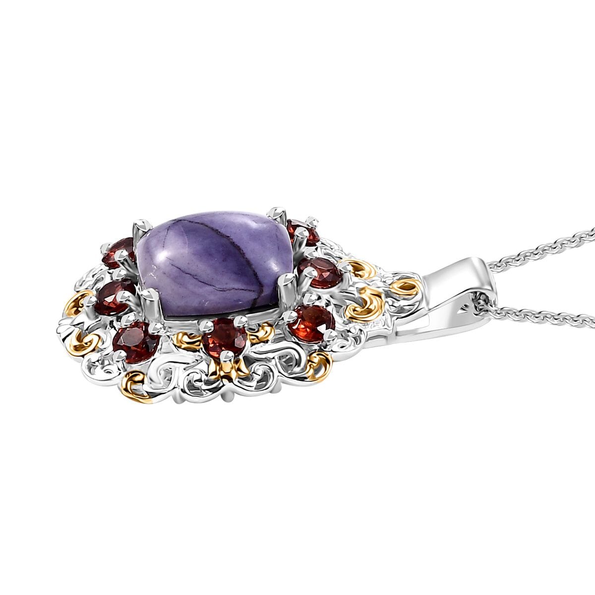 Utah Tiffany Stone and Mozambique Garnet 3.85 ctw Royal Amour Pendant Necklace in 14K YG and Platinum Over Sterling Silver 20 Inches image number 3