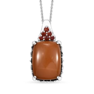 Caramel Opal and Mozambique Garnet 7.20 ctw Floral Pendant Necklace in Platinum Over Sterling Silver 20 Inches
