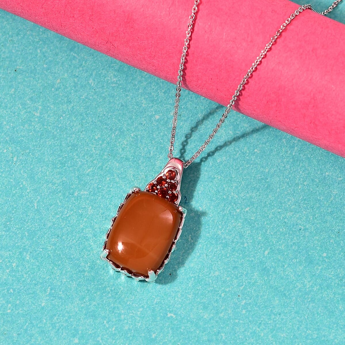 Caramel Opal and Mozambique Garnet 7.20 ctw Floral Pendant Necklace in Platinum Over Sterling Silver 20 Inches image number 1