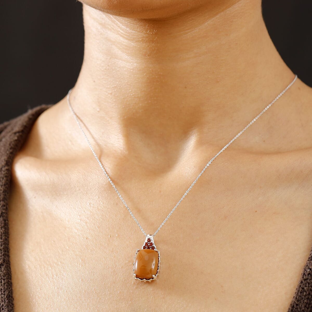 Caramel Opal and Mozambique Garnet 7.20 ctw Floral Pendant Necklace in Platinum Over Sterling Silver 20 Inches image number 2