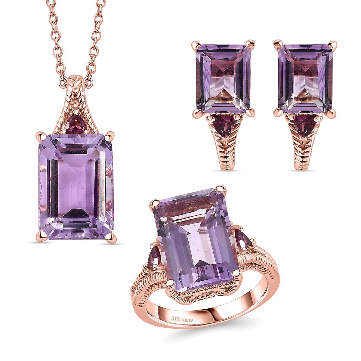 Rose De France Amethyst and Orissa Rhodolite Garnet 19.85 ctw Earrings, Ring (Size 7.0), Pendant in 18K RG Plated with Stainless Steel Necklace 20 Inches image number 0