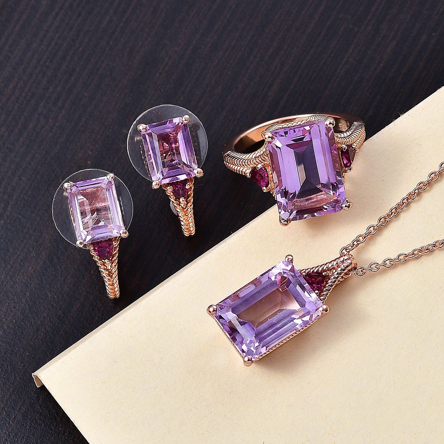 Rose De France Amethyst and Orissa Rhodolite Garnet 19.85 ctw Earrings, Ring (Size 9.0), Pendant in 18K RG Plated with Stainless Steel Necklace 20 Inches