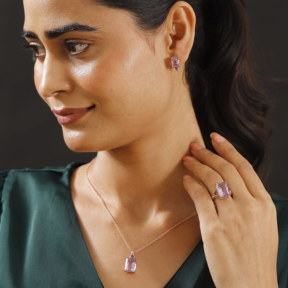 Rose De France Amethyst and Orissa Rhodolite Garnet 19.85 ctw Earrings, Ring (Size 9.0), Pendant in 18K RG Plated with Stainless Steel Necklace 20 Inches image number 2