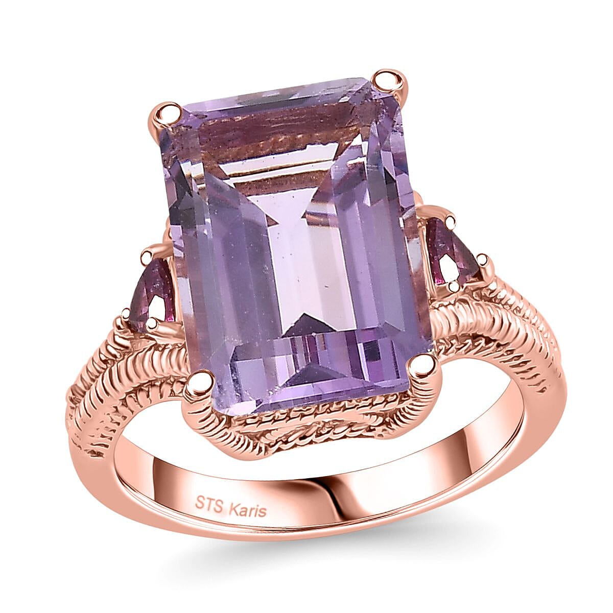 Rose De France Amethyst and Orissa Rhodolite Garnet 19.85 ctw Earrings, Ring (Size 9.0), Pendant in 18K RG Plated with Stainless Steel Necklace 20 Inches image number 3