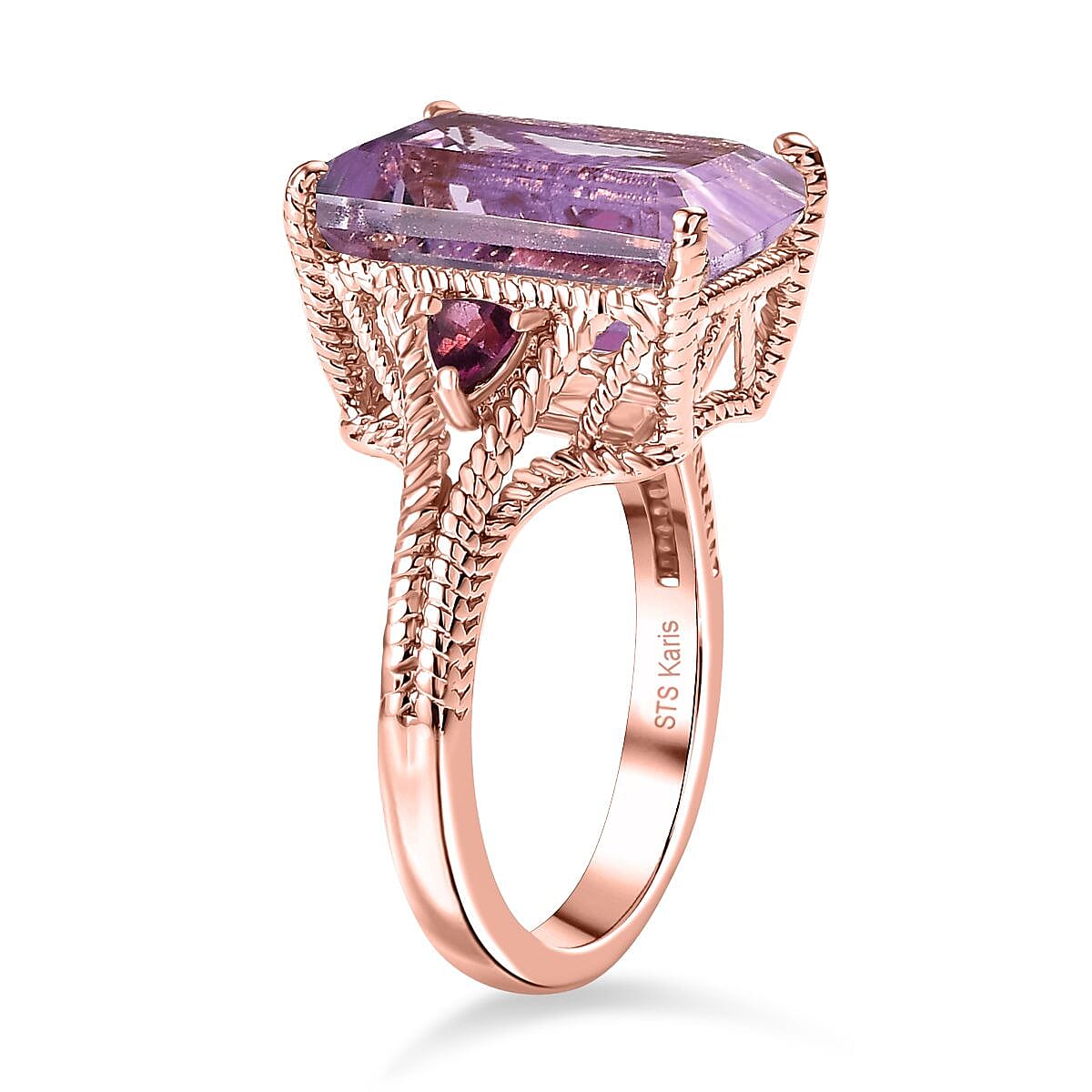 Rose De France Amethyst and Orissa Rhodolite Garnet 19.85 ctw Earrings, Ring (Size 9.0), Pendant in 18K RG Plated with Stainless Steel Necklace 20 Inches