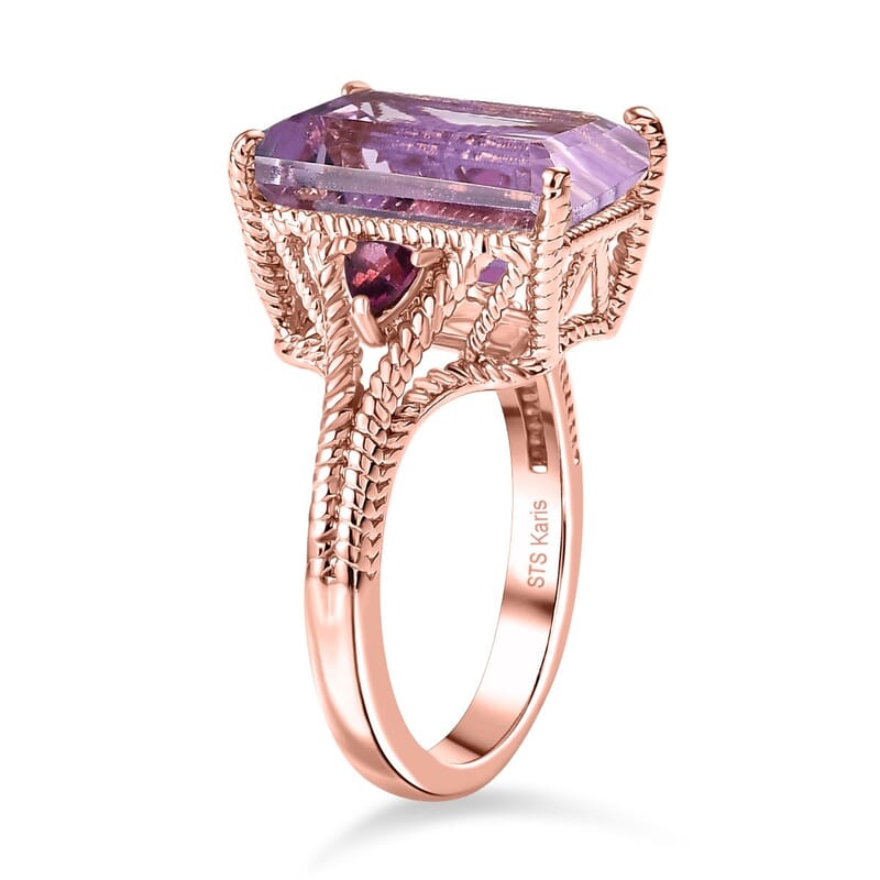 Rose De France Amethyst and Orissa Rhodolite Garnet 19.85 ctw Earrings, Ring (Size 9.0), Pendant in 18K RG Plated with Stainless Steel Necklace 20 Inches