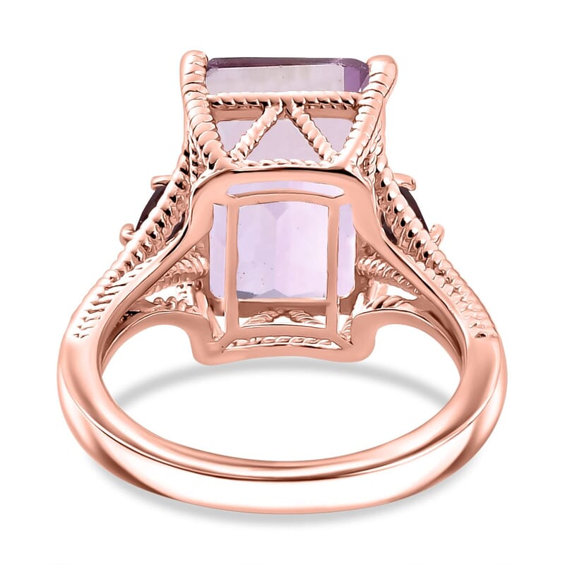 Rose De France Amethyst and Orissa Rhodolite Garnet 19.85 ctw Earrings, Ring (Size 9.0), Pendant in 18K RG Plated with Stainless Steel Necklace 20 Inches