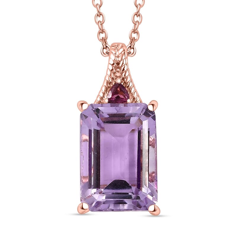 Rose De France Amethyst and Orissa Rhodolite Garnet 19.85 ctw Earrings, Ring (Size 9.0), Pendant in 18K RG Plated with Stainless Steel Necklace 20 Inches