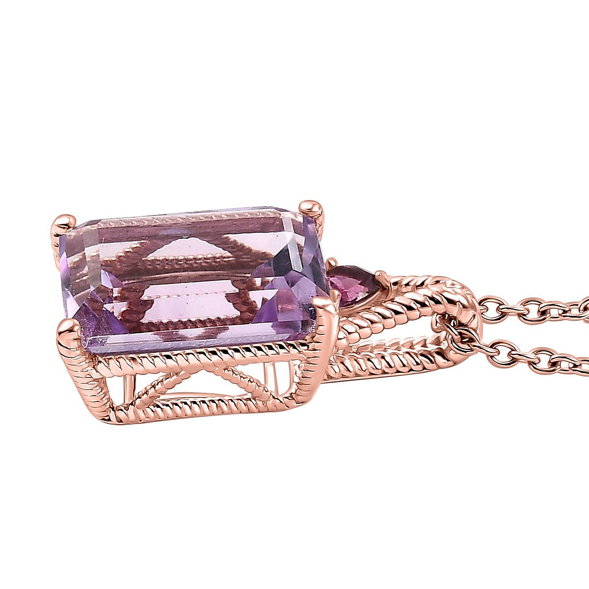 Rose De France Amethyst and Orissa Rhodolite Garnet 19.85 ctw Earrings, Ring (Size 9.0), Pendant in 18K RG Plated with Stainless Steel Necklace 20 Inches