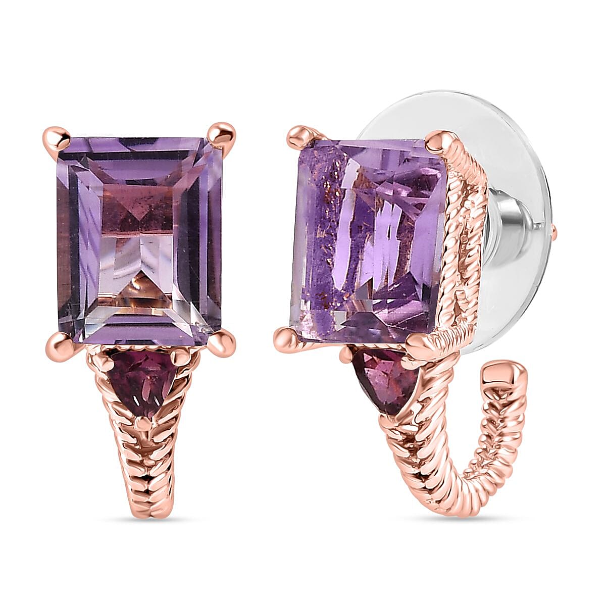 Rose De France Amethyst and Orissa Rhodolite Garnet 19.85 ctw Earrings, Ring (Size 9.0), Pendant in 18K RG Plated with Stainless Steel Necklace 20 Inches