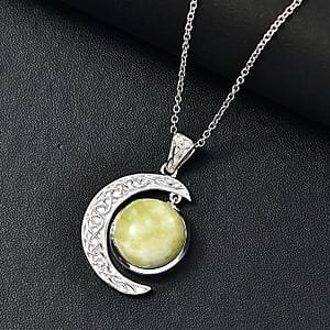Connemara Marble 10.20 ctw Moon Pendant in Rhodium Over Sterling Silver with Stainless Steel Necklace 20 Inches