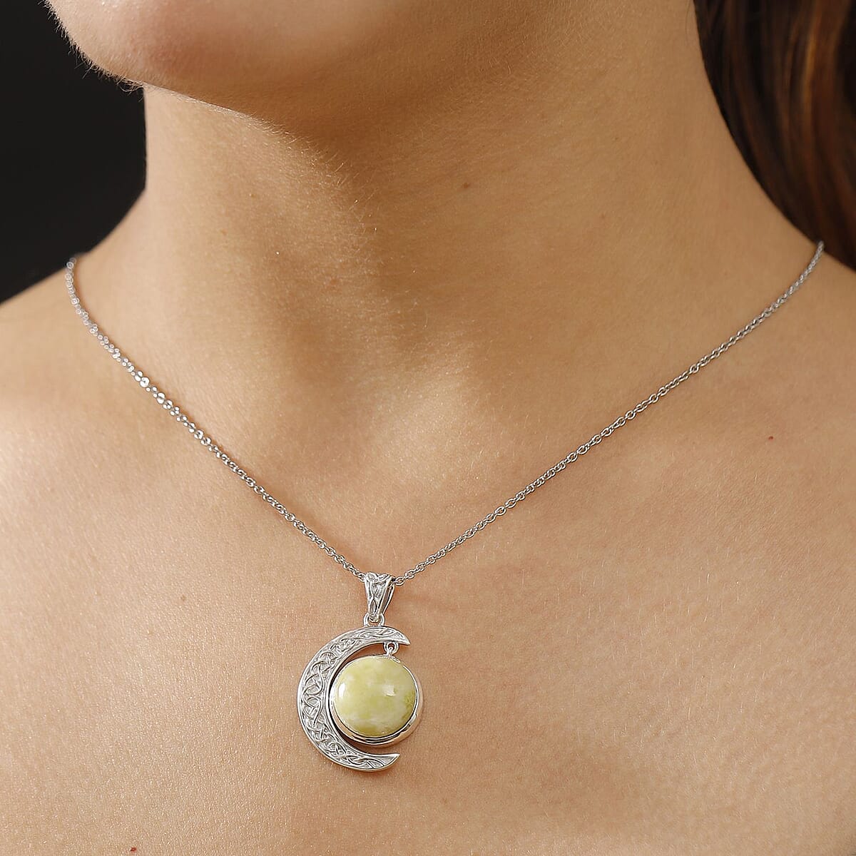 Connemara Marble 10.20 ctw Moon Pendant in Rhodium Over Sterling Silver with Stainless Steel Necklace 20 Inches image number 2