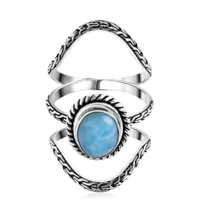 Bali Legacy Larimar 3.25 ctw Set of 3 Stackable Tulang Naga Ring in Sterling Silver (Size 5.0)