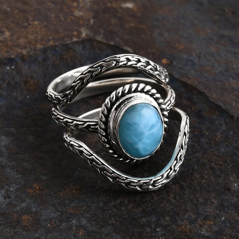 Bali Legacy Larimar 3.25 ctw Set of 3 Stackable Tulang Naga Ring in Sterling Silver (Size 5.0)