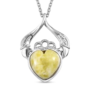 Connemara Marble 6.60 ctw Claddagh Pendant in Rhodium Over Sterling Silver with Stainless Steel Necklace 20 Inches