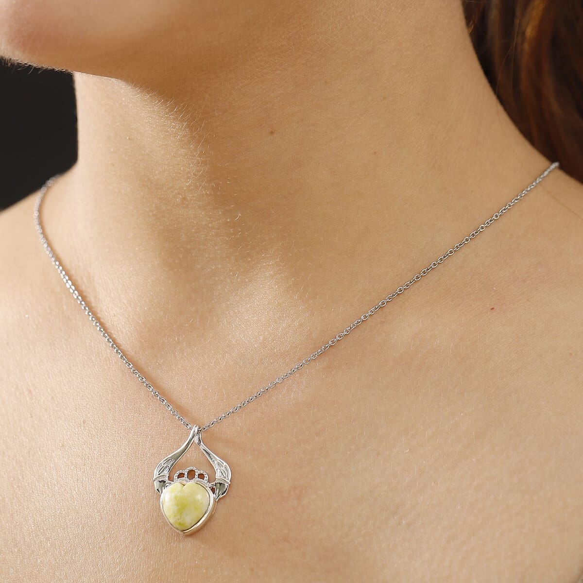 Connemara Marble 6.60 ctw Claddagh Pendant in Rhodium Over Sterling Silver with Stainless Steel Necklace 20 Inches image number 2
