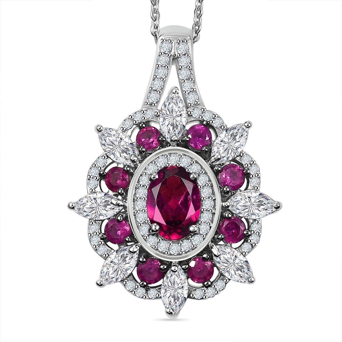 AAA Radiant Ember Garnet and Mossanite 3.00 ctw Floral Pendant Necklace in Rhodium Over Sterling Silver 20 Inches image number 0