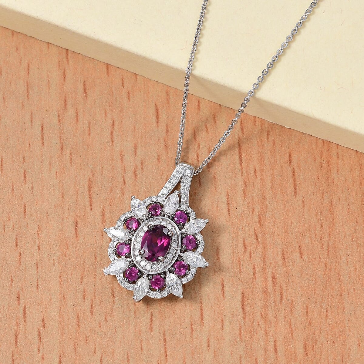 AAA Radiant Ember Garnet and Mossanite 3.00 ctw Floral Pendant Necklace in Rhodium Over Sterling Silver 20 Inches image number 1