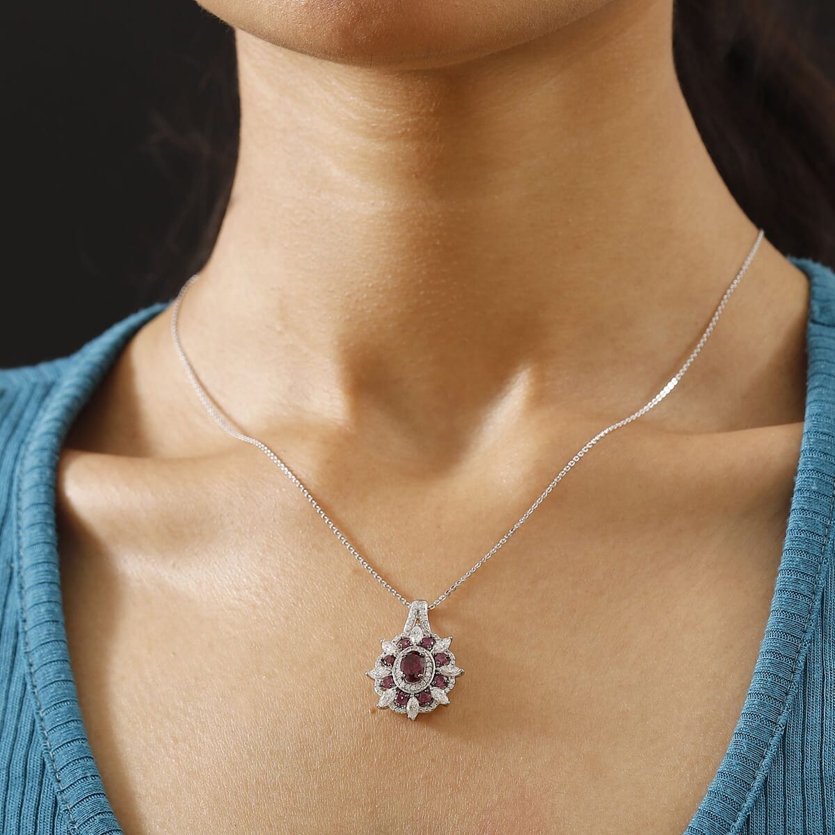 AAA Radiant Ember Garnet and Mossanite 3.00 ctw Floral Pendant Necklace in Rhodium Over Sterling Silver 20 Inches image number 2