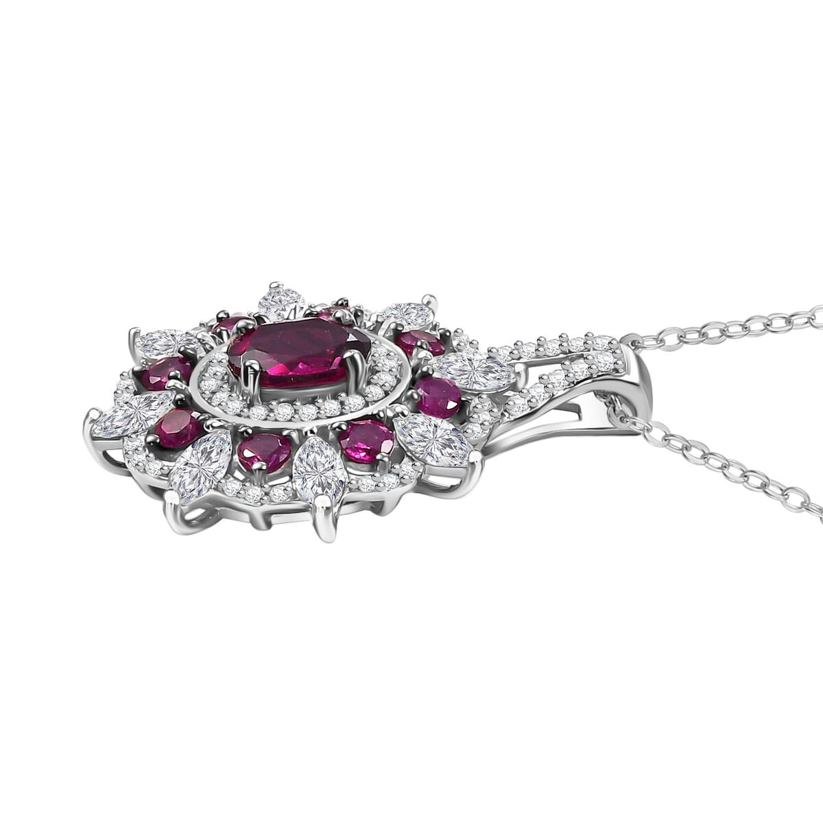 AAA Radiant Ember Garnet and Mossanite 3.00 ctw Floral Pendant Necklace in Rhodium Over Sterling Silver 20 Inches image number 3