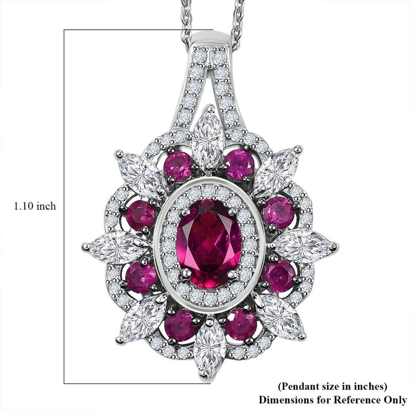 AAA Radiant Ember Garnet and Mossanite 3.00 ctw Floral Pendant Necklace in Rhodium Over Sterling Silver 20 Inches