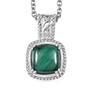 Karis African Malachite and White Zircon 3.50 ctw Pendant in Platinum with Stainless Steel Necklace 20 Inches