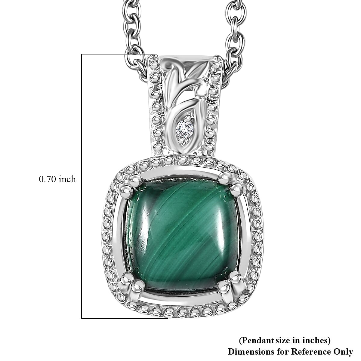 Karis African Malachite and White Zircon 3.50 ctw Pendant in Platinum with Stainless Steel Necklace 20 Inches