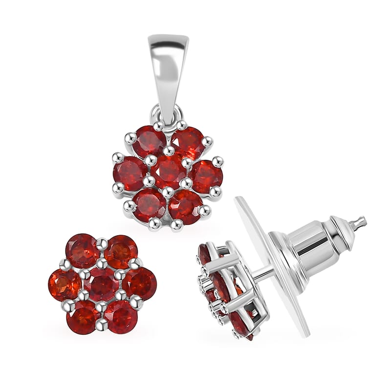 Set of 2 Mozambique Garnet 2.20 ctw Solitaire Stud Earrings and Pendant without Chain in Rhodium Over Sterling Silver
